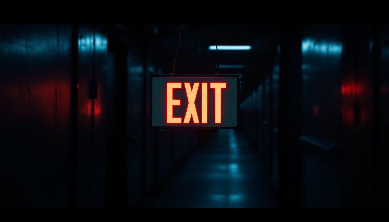 A photograph of a well-lit exit sign in a dimly lit corridor
