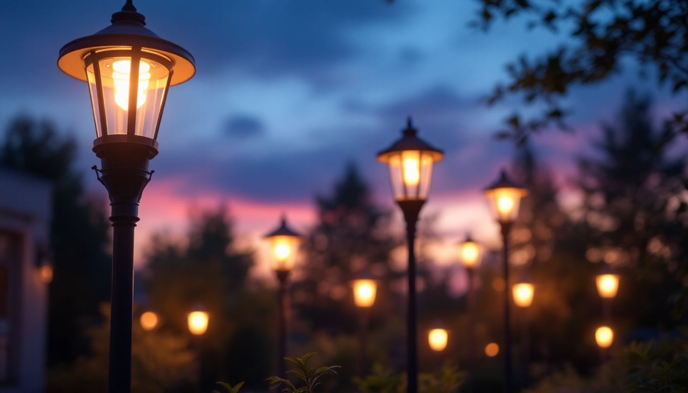 A photograph of a beautifully illuminated outdoor space featuring a variety of stylish post lights