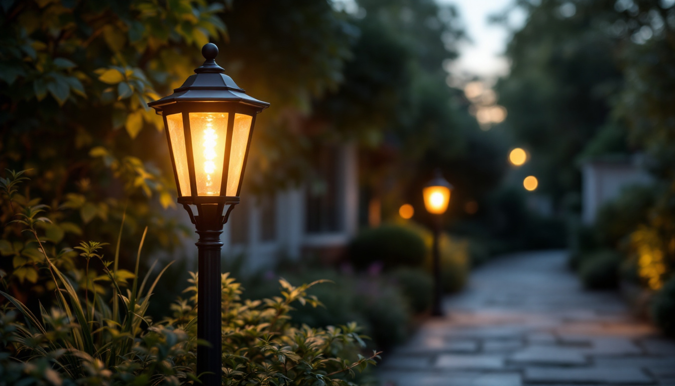 A photograph of a beautifully designed outdoor lamp post light illuminating a charming garden pathway at dusk