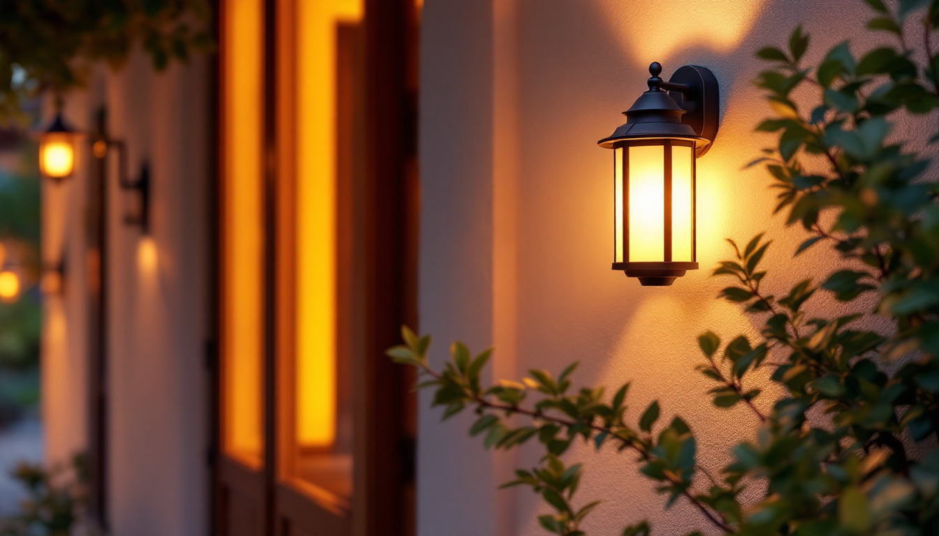 A photograph of a beautifully designed outdoor led wall lantern illuminated at dusk