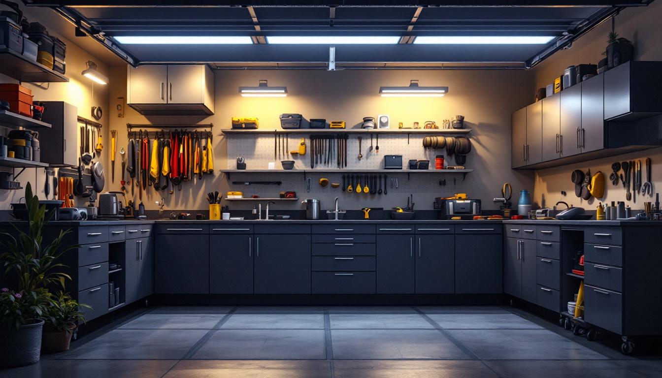 A photograph of a well-lit garage showcasing various led lighting options