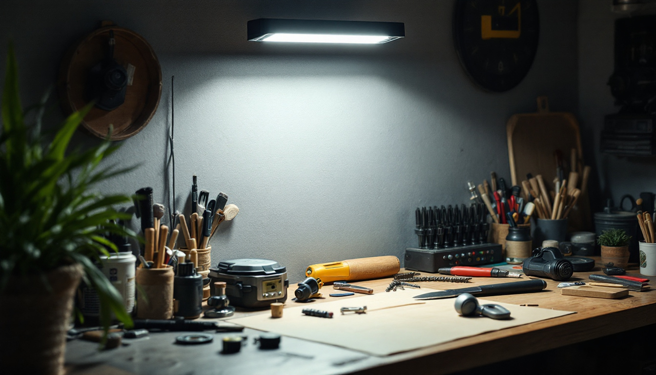 A photograph of a well-lit workspace featuring a 4-foot shop light in action