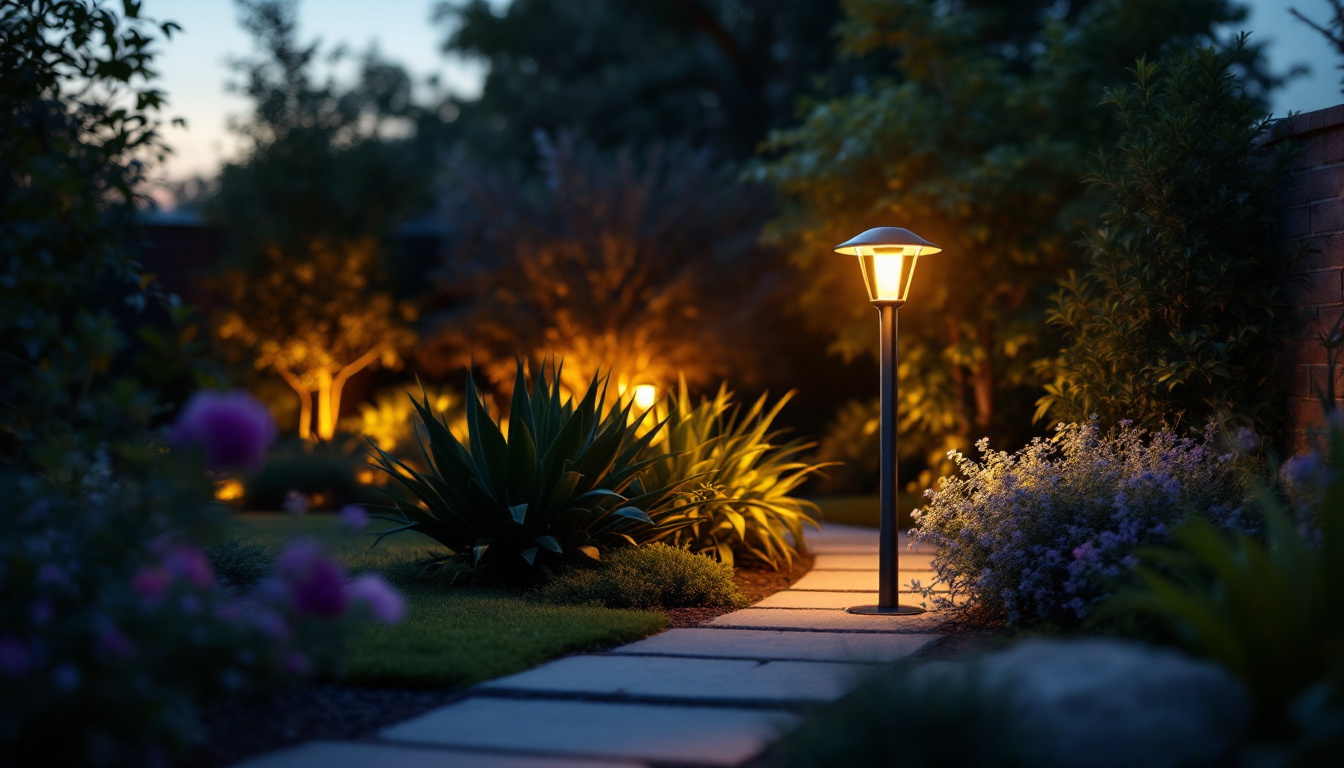 A photograph of capture a photograph of the rab 120 volt garden lighting fixture illuminated in a beautifully landscaped garden setting during twilight