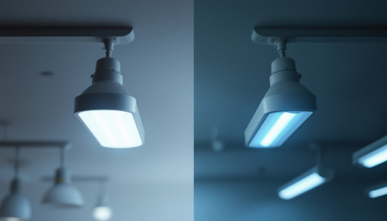 A photograph of a side-by-side comparison of led lighting and fluorescent tubes in a well-lit space