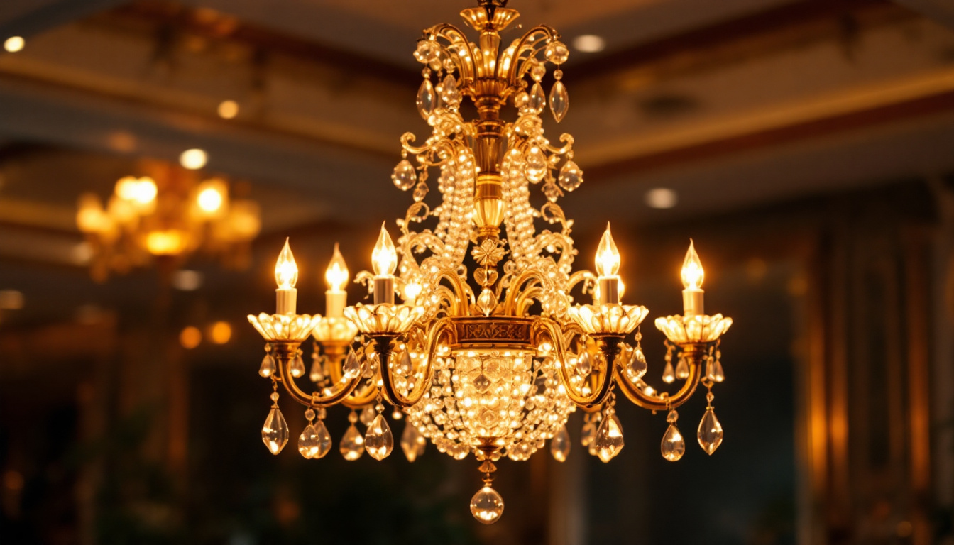 A photograph of a beautifully arranged chandelier with intricate details and warm lighting