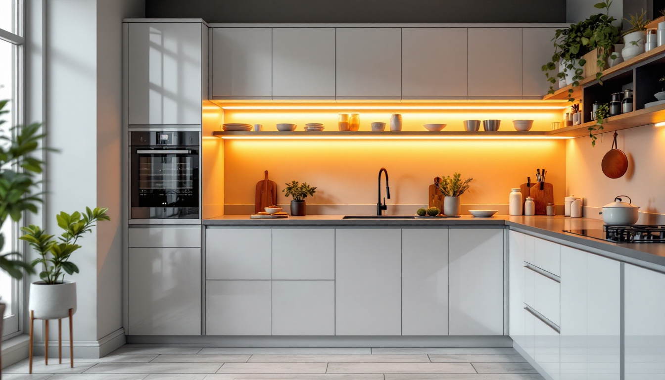 A photograph of capture a photograph of a beautifully designed kitchen cabinet illuminated by warm led cabinet lights