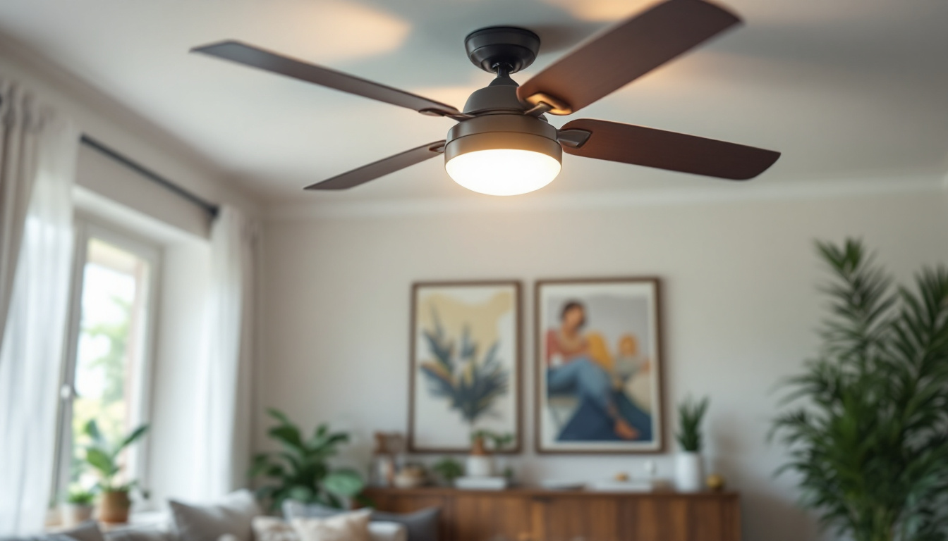 A photograph of a stylish ceiling fan with an integrated light kit in a well-decorated room