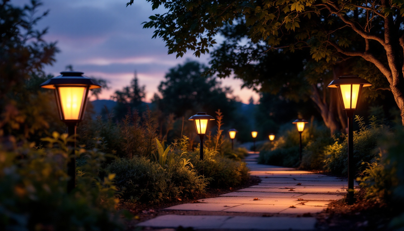 A photograph of a serene outdoor scene at dusk featuring an array of beautifully illuminated solar-powered path lights lining a garden walkway