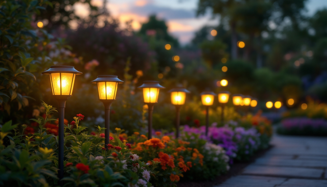A photograph of a beautifully illuminated garden at dusk