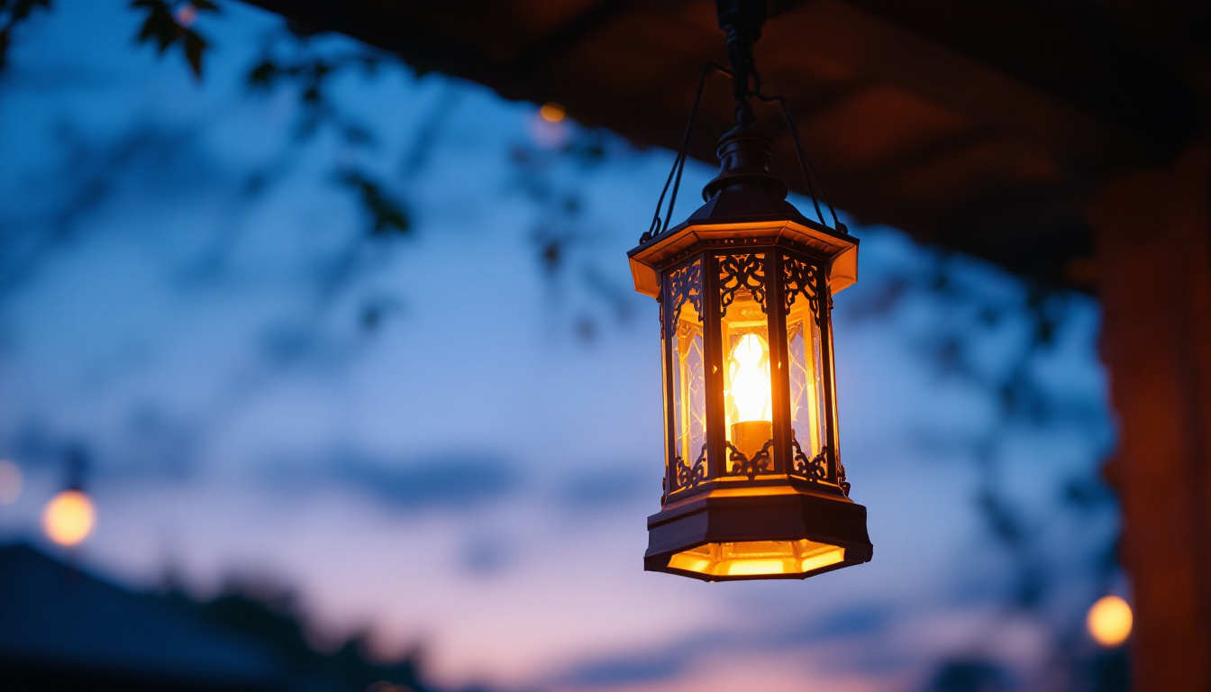 A photograph of capture a photograph of a beautifully designed exterior hanging lantern illuminated at dusk