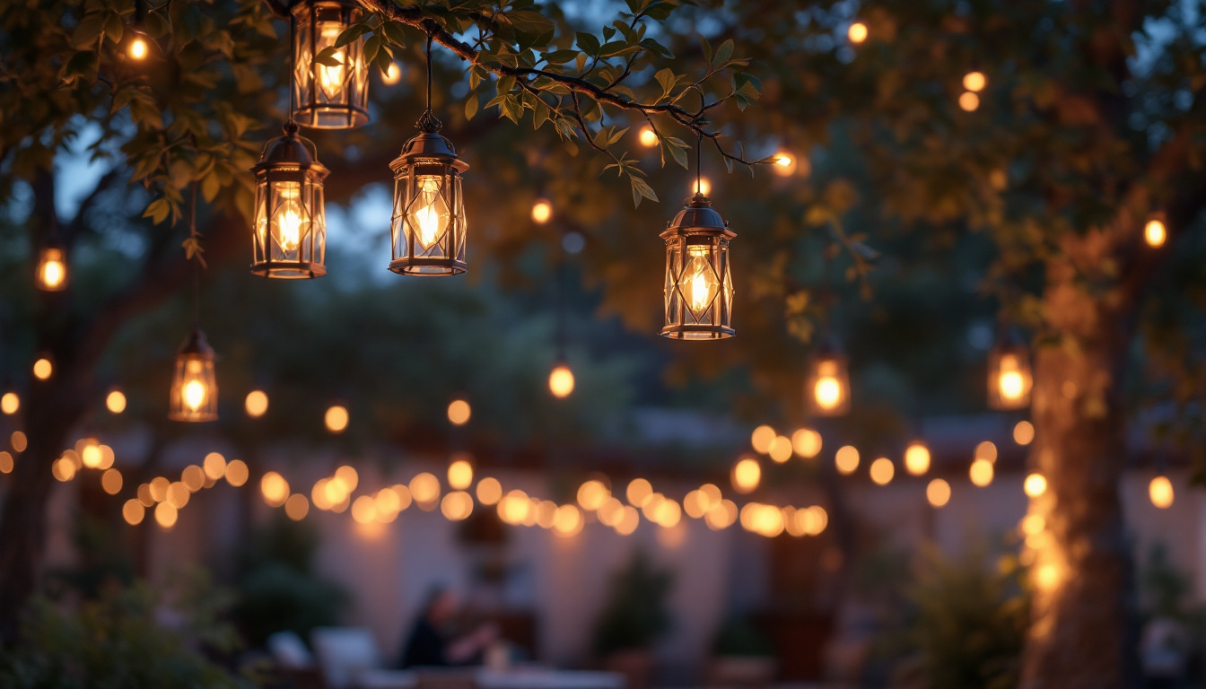 A photograph of capture a photograph of a beautifully arranged outdoor setting featuring hanging lantern lights draped among trees or along a patio