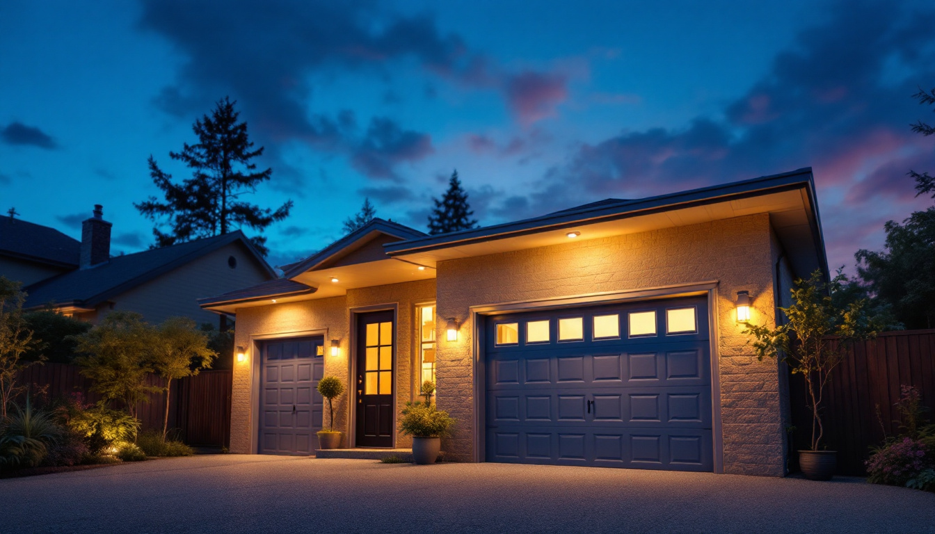A photograph of a beautifully illuminated outdoor garage at dusk