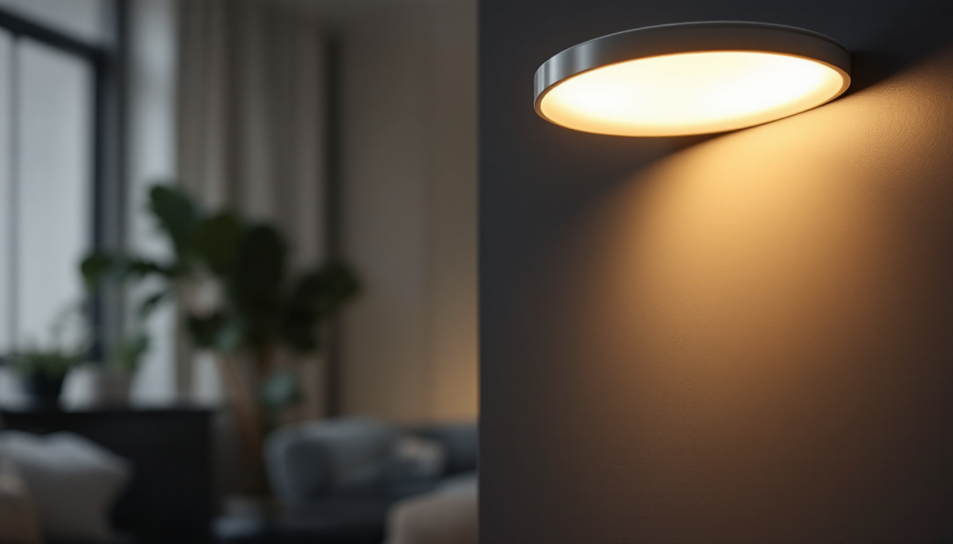 A photograph of capture a photograph of a stylishly designed surface-mounted led light fixture in a modern interior setting