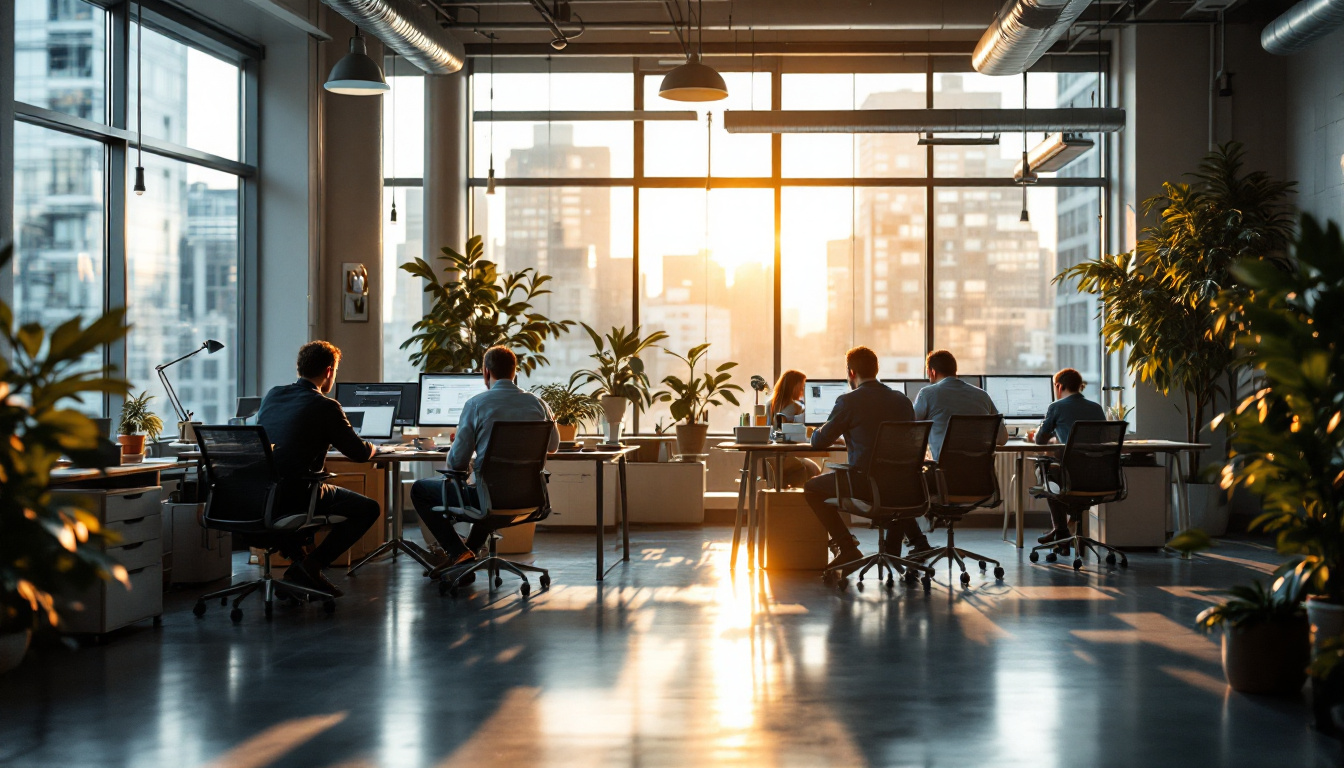 A photograph of a modern workspace illuminated by natural light streaming through large windows