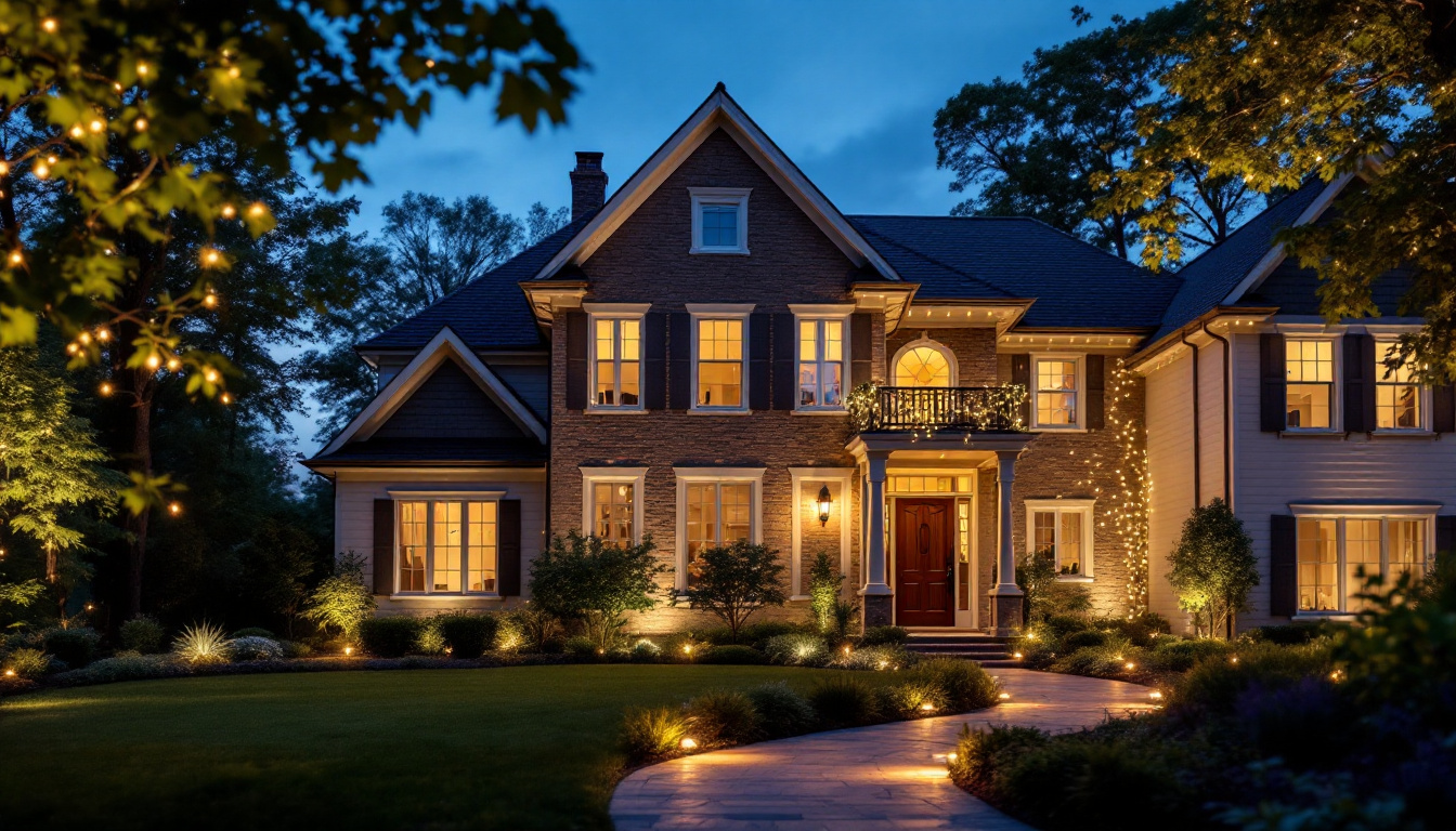 A photograph of a beautifully illuminated exterior of a house at dusk
