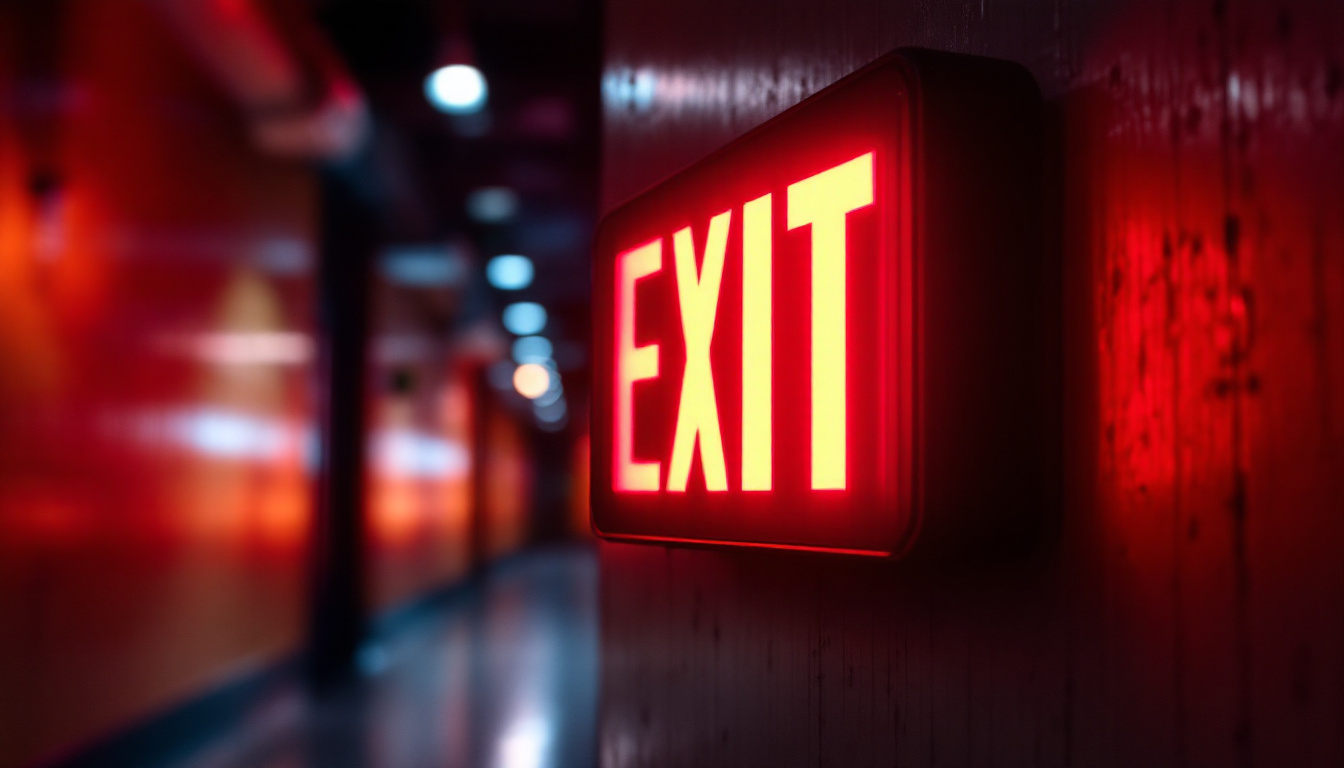 A photograph of a well-lit battery-powered exit sign in a dimly lit corridor