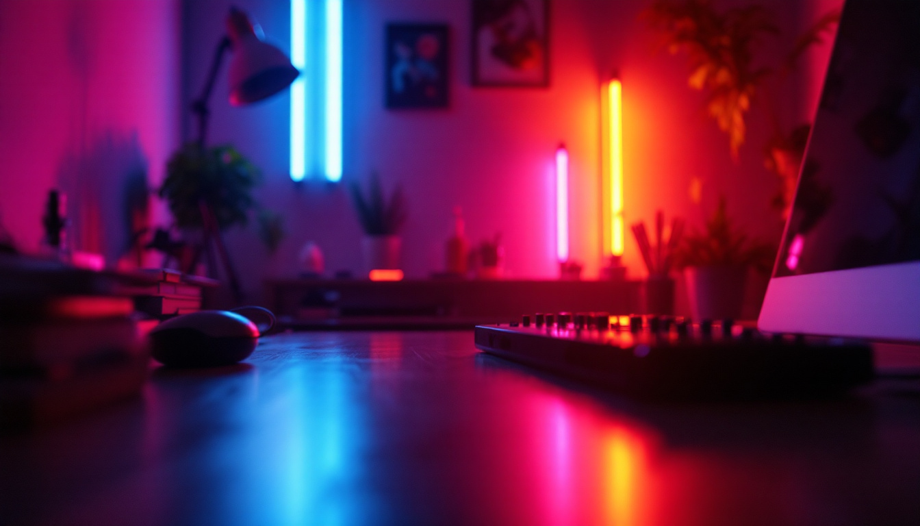 A photograph of a vibrant rgb light setup in a dimly lit environment