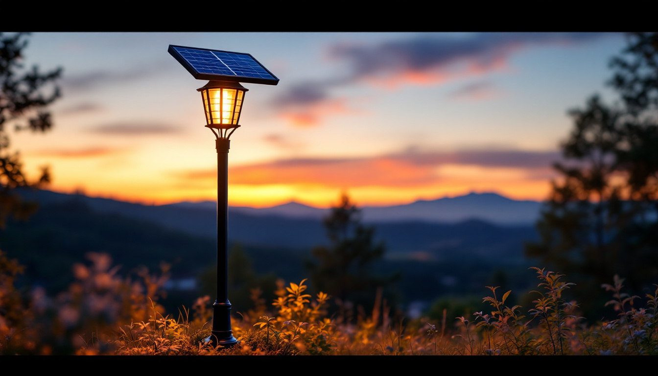 A photograph of a beautifully illuminated solar lamp post in a picturesque outdoor setting during twilight