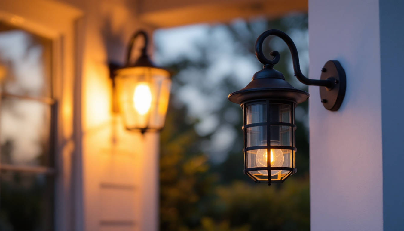 A photograph of capture a photograph of an elegantly designed porch light fixture illuminated at dusk
