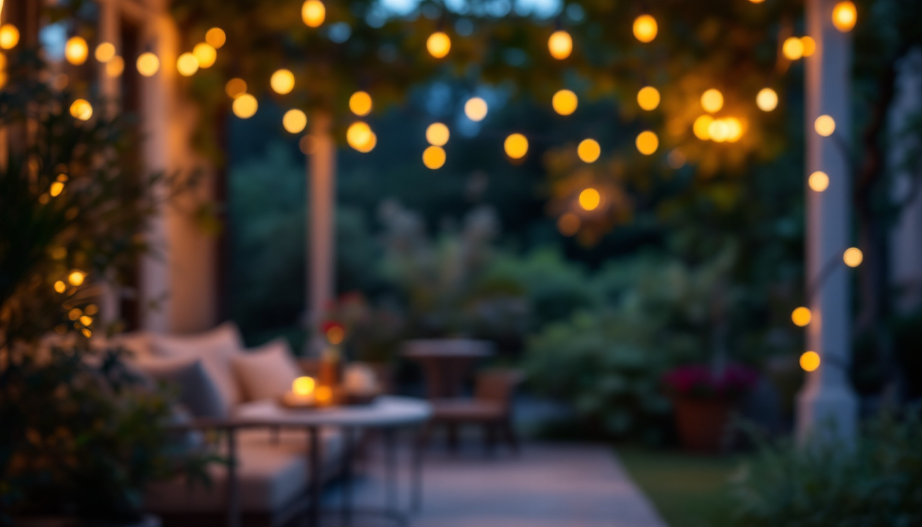 A photograph of a beautifully arranged outdoor setting featuring glowing led string bulbs draped elegantly across a patio or garden
