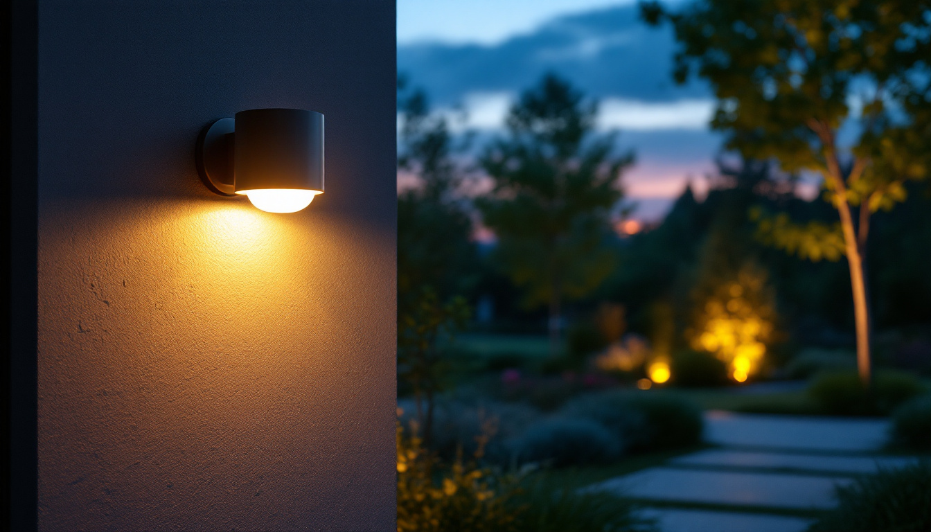 A photograph of a stylishly designed exterior led light fixture illuminating a beautifully landscaped outdoor space during twilight