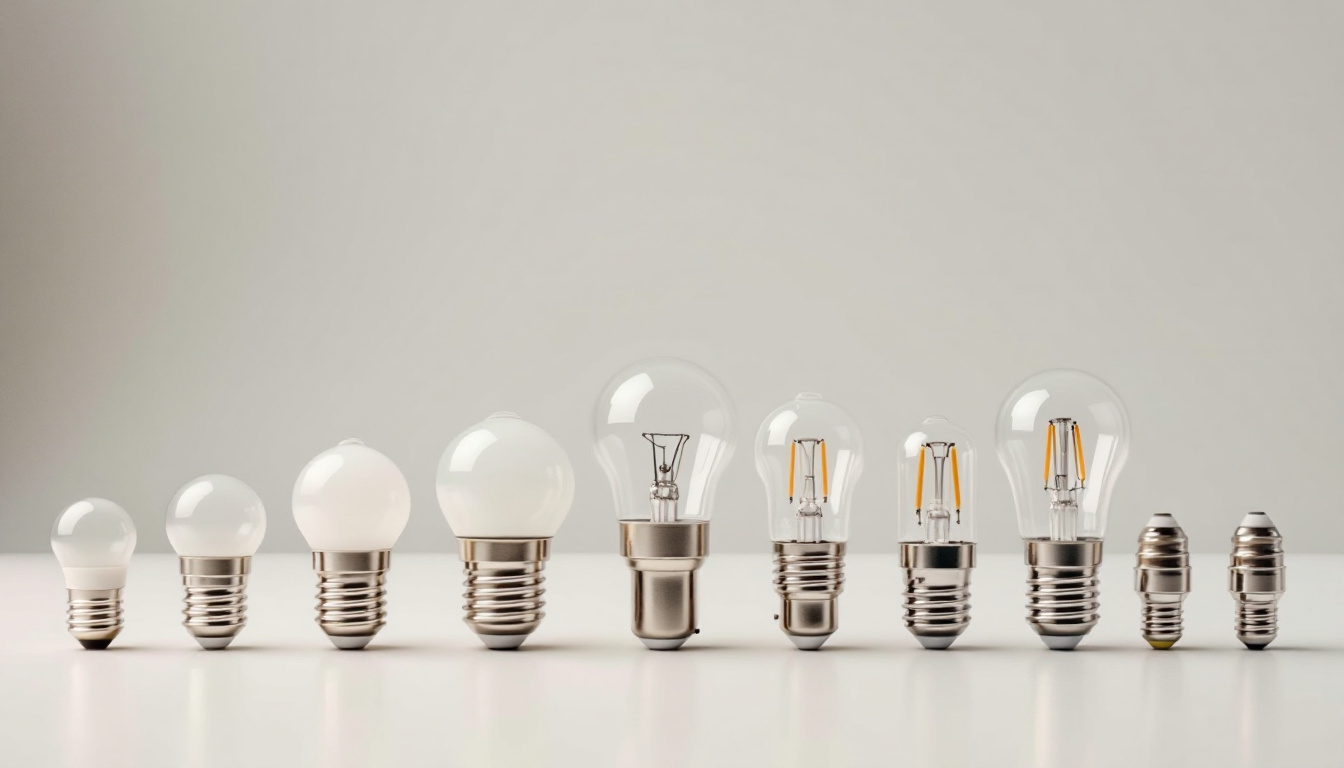A photograph of a well-organized display of various light bulb connector types