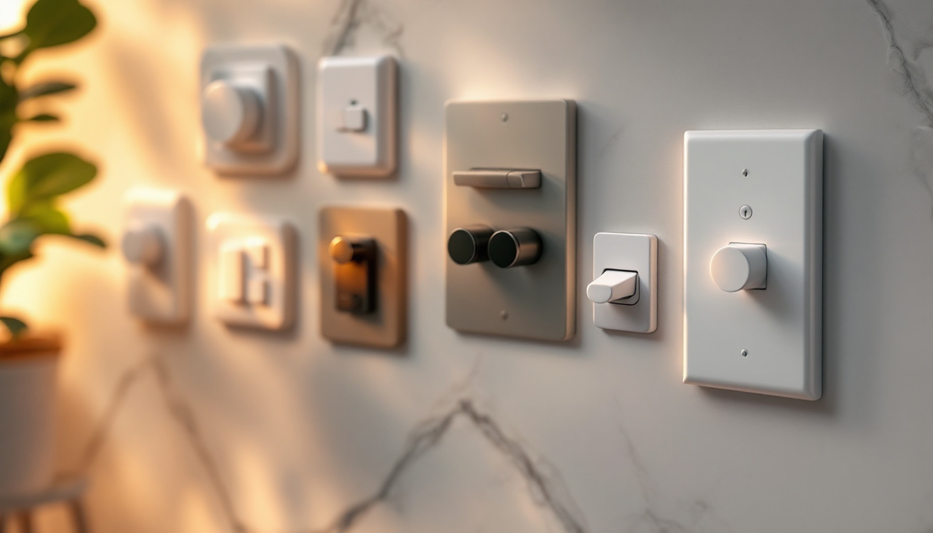A photograph of a variety of light switches in a stylish interior setting