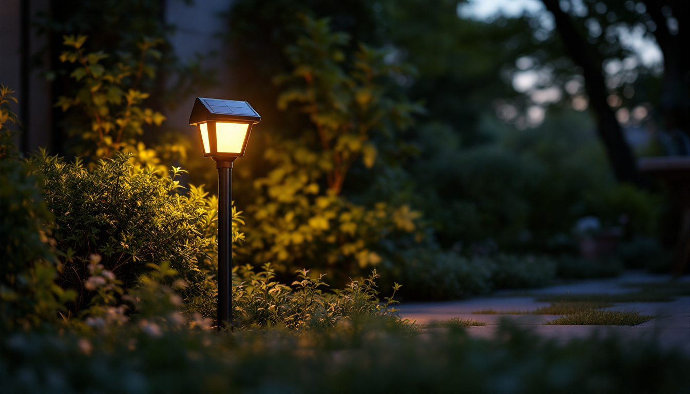 A photograph of capture a photograph of a beautifully designed solar-powered outdoor light illuminating a serene garden or patio setting at dusk