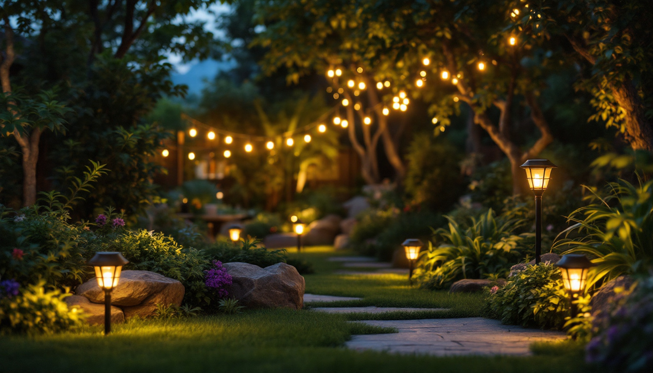A photograph of a beautifully illuminated backyard scene at dusk