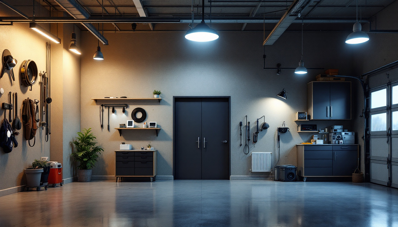 A photograph of a well-lit garage showcasing various types of lighting fixtures