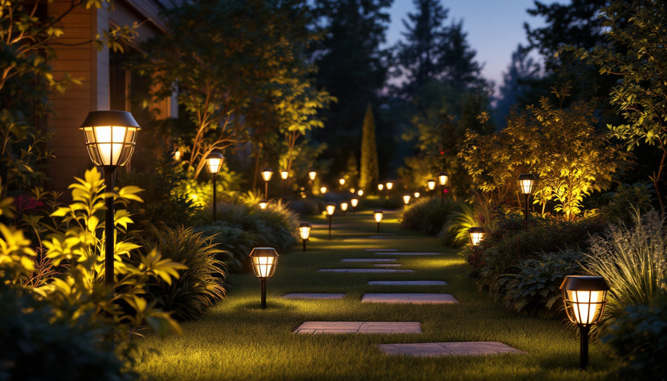 A photograph of a beautifully illuminated garden at dusk
