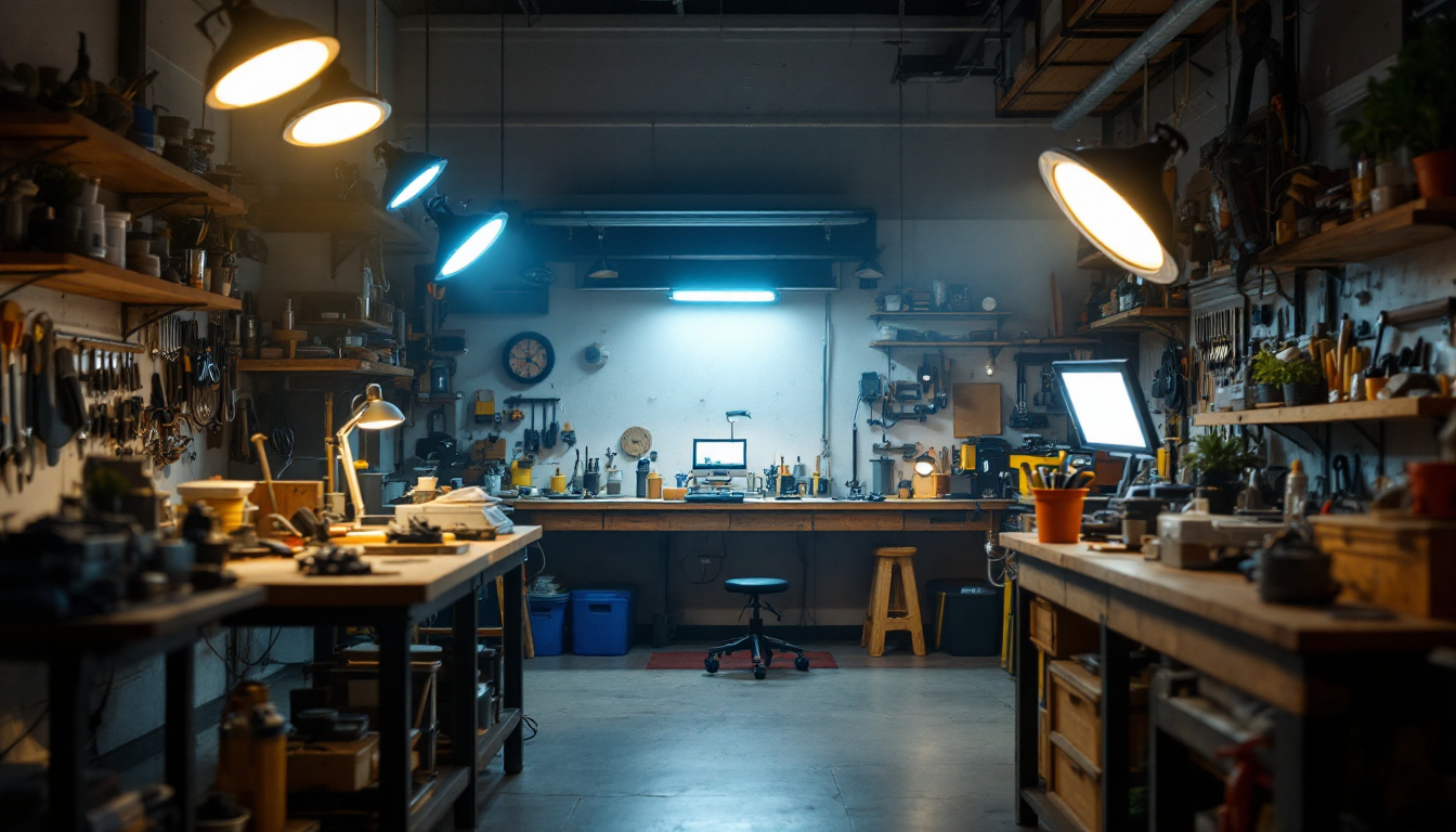A photograph of a well-lit workshop or garage space showcasing various led shop lights in use