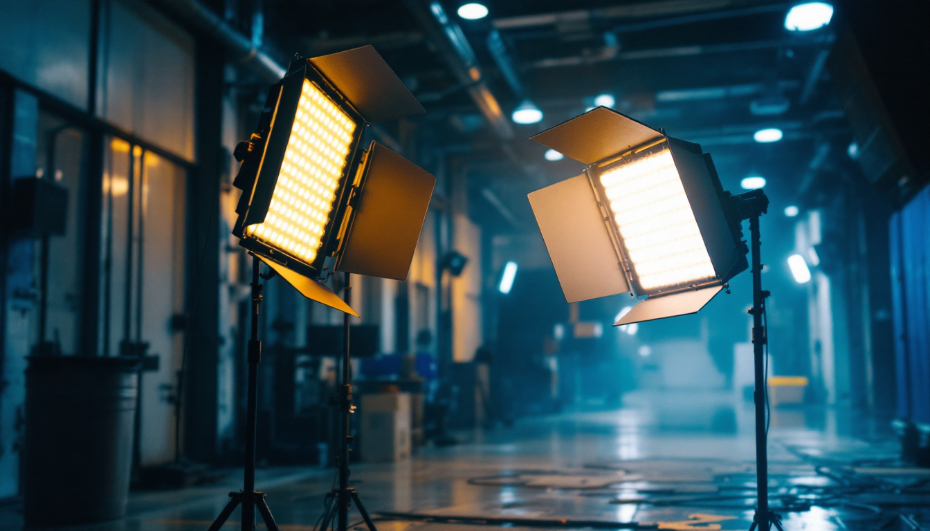 A photograph of a high-intensity discharge lighting setup in an industrial or outdoor environment