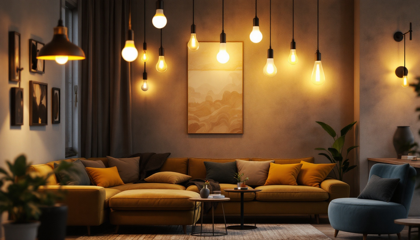 A photograph of a well-lit interior space showcasing a variety of stylish led bulbs and fixtures in use