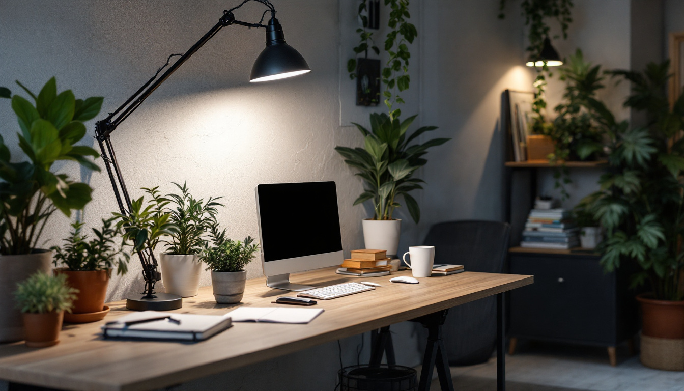 A photograph of a well-lit workspace featuring a 4ft shop light illuminating the area