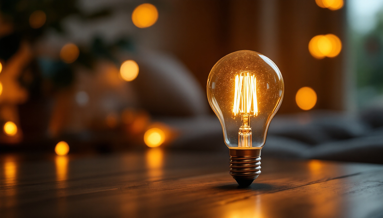 A photograph of a stylish type b light bulb with an e27 base illuminated in a cozy