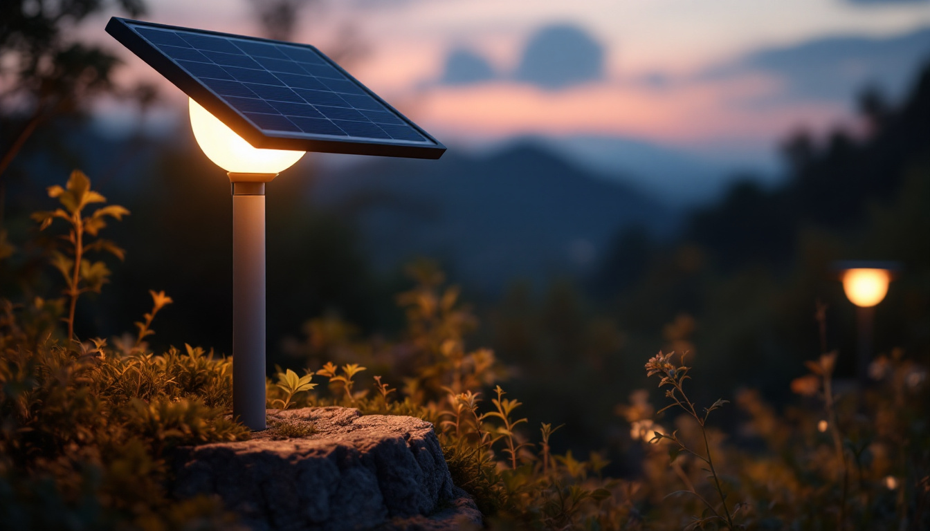 A photograph of a solar-powered lamp illuminated at dusk