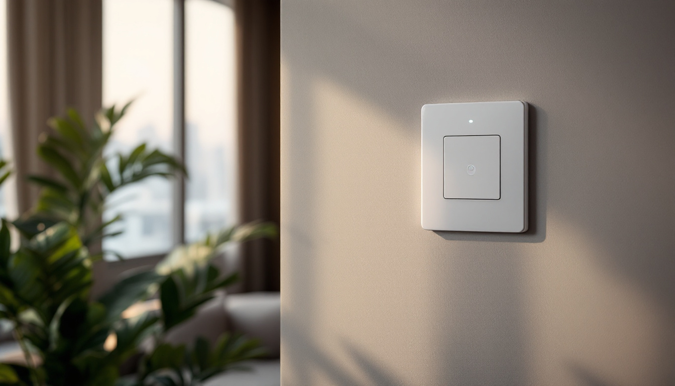 A photograph of a humidity sensor switch installed in a stylish interior setting
