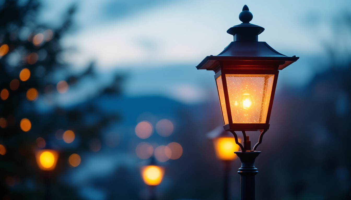 A photograph of a beautifully illuminated outdoor lamp post at dusk