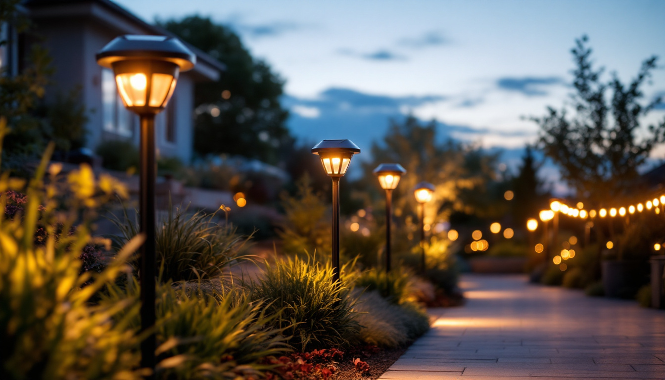 A photograph of a beautifully illuminated outdoor space featuring solar exterior spotlights in use
