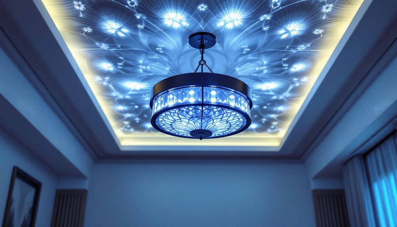 A photograph of a beautifully designed ceiling fixture that showcases its intricate details and lighting effects