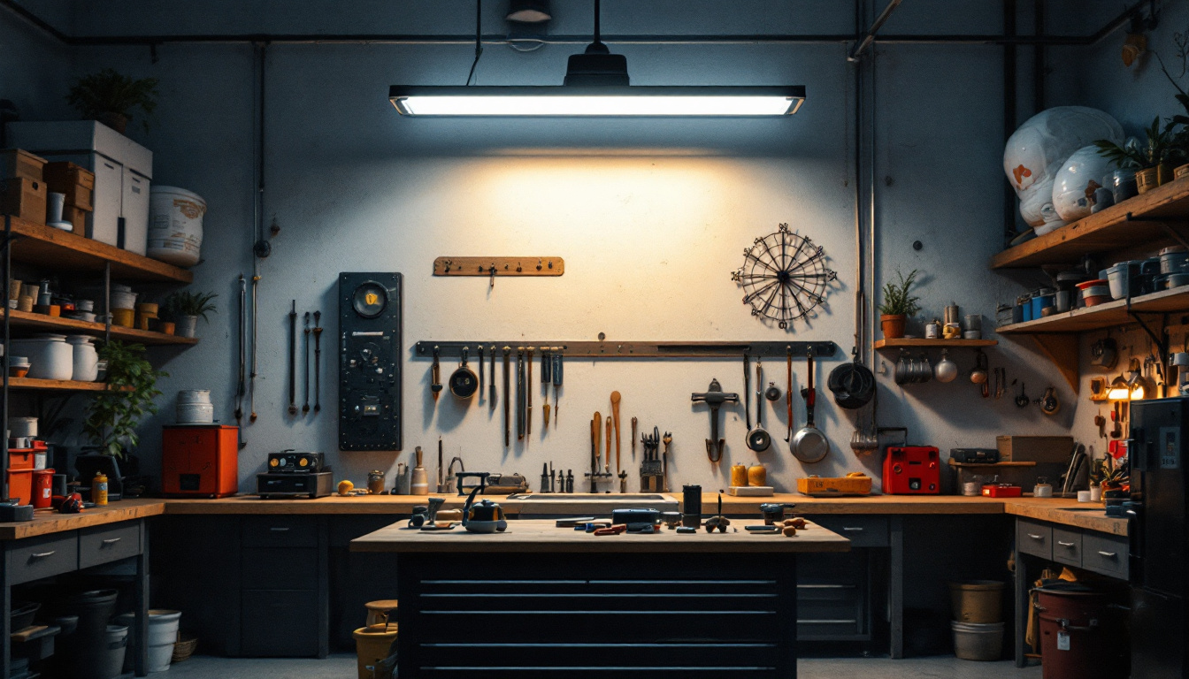 A photograph of a well-lit workshop or garage space featuring a 4-foot led shop light installed overhead