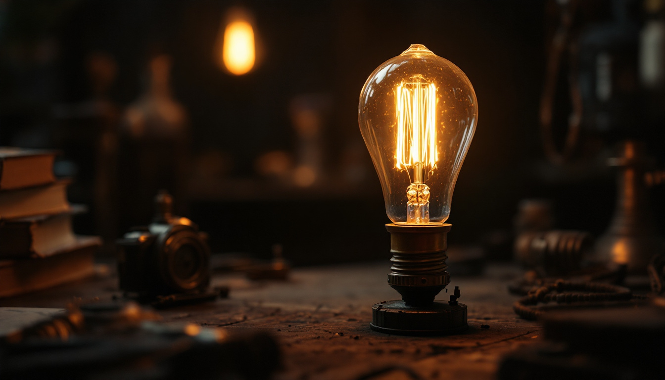 A photograph of an early incandescent light bulb glowing warmly in a dimly lit setting