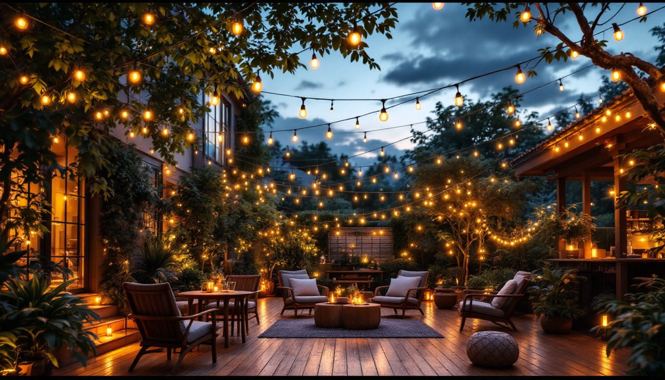 A photograph of a beautifully lit outdoor space adorned with various styles of string lights