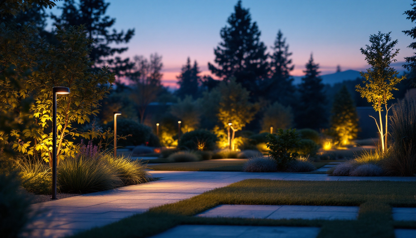 A photograph of a well-lit outdoor scene at dusk featuring strategically placed motion sensors illuminating pathways or garden areas