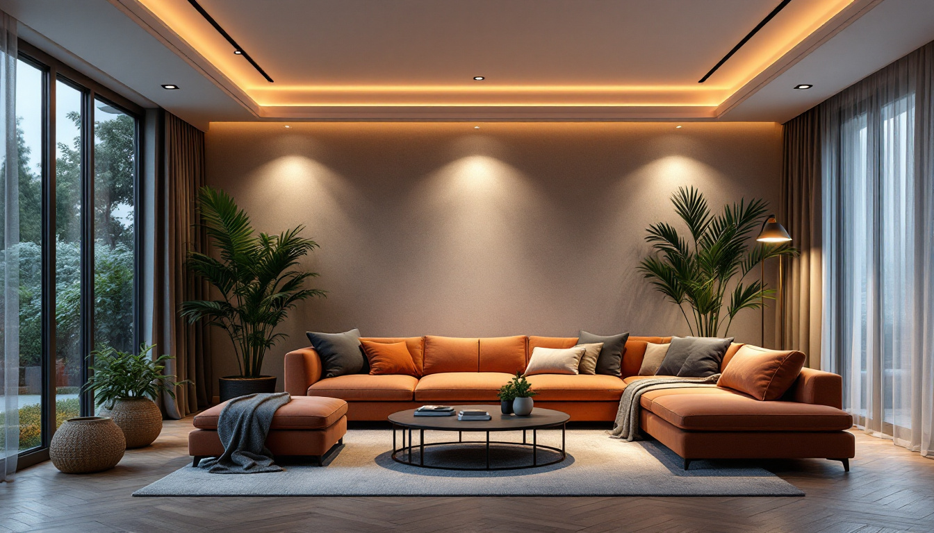 A photograph of a beautifully designed living room featuring stylish ceiling lights that showcase a warm and inviting ambiance