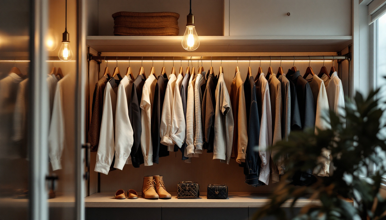 A photograph of a stylish closet interior featuring a well-lit space with a pull chain light fixture