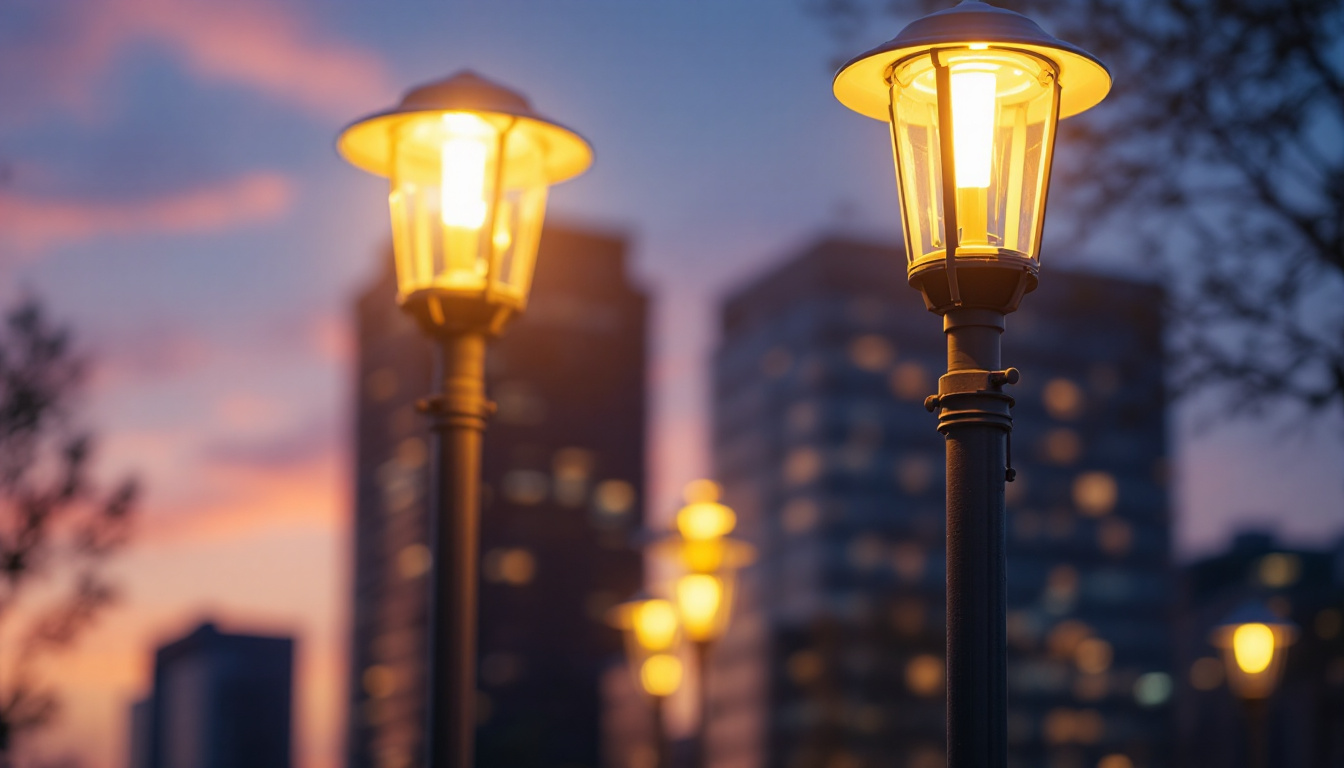 A photograph of a well-lit lighting pole in an urban setting during dusk