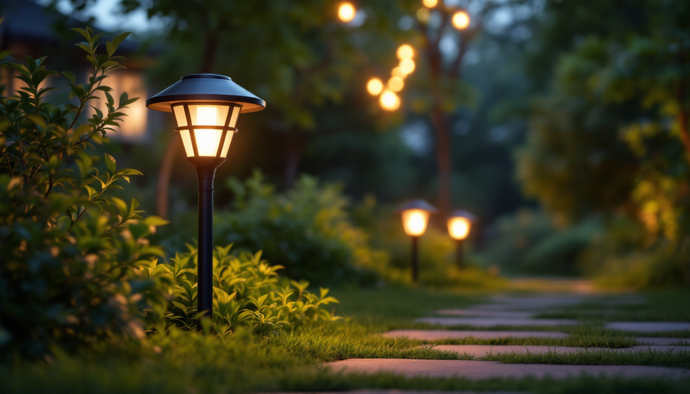 A photograph of capture a photograph of a beautifully lit solar yard lamp illuminating a garden pathway at dusk