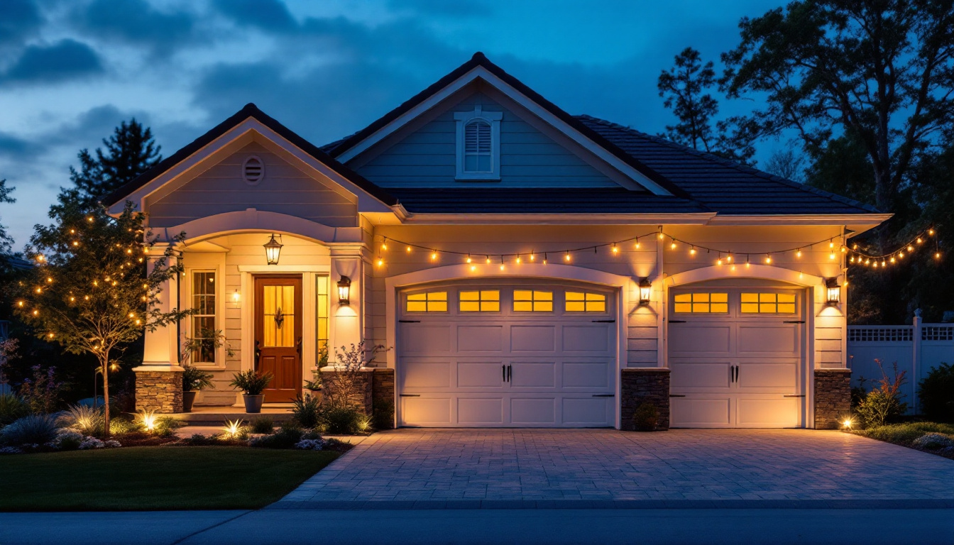 A photograph of capture a photograph of a beautifully illuminated garage exterior at dusk